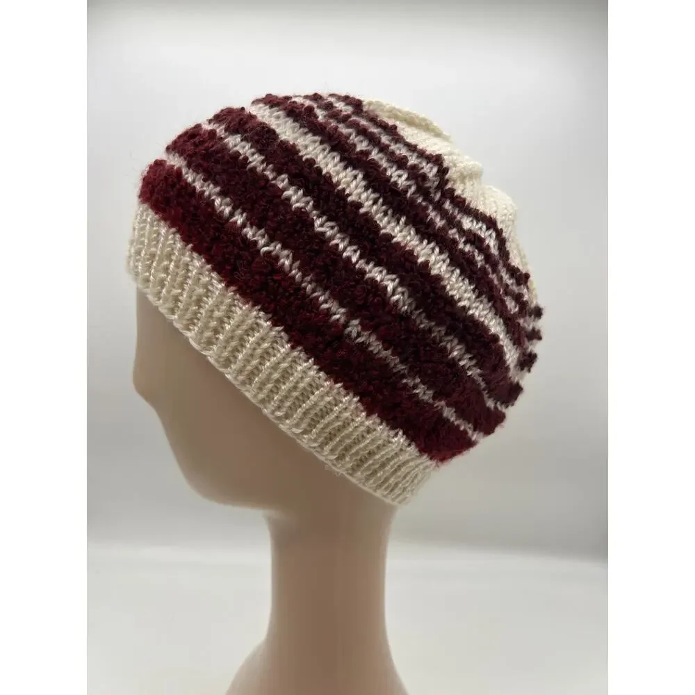 Knit Woven Wide Cream Burgundy Red Stripe Beanie‎ Knit Hat Boho XS